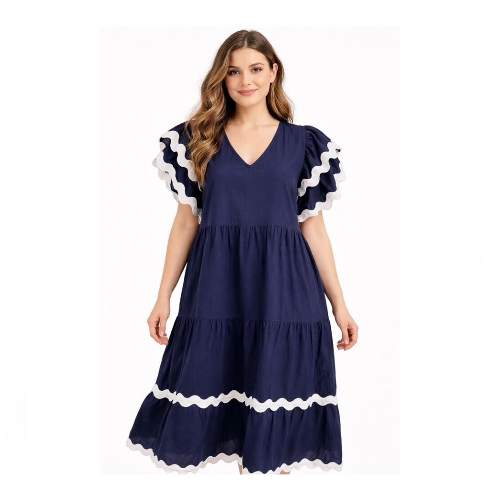 White Closet Elements Cotton Navy Blue Tiered Flutter Sleeved Midi‎ Dress Sz. M
